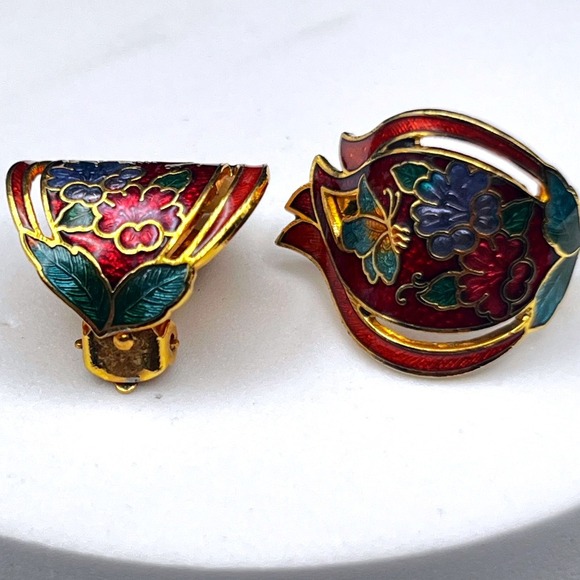 Vintage Cloisonné Enamel Earrings Blue Red Gold Tone Butterfly Floral Clip On - Picture 2 of 6